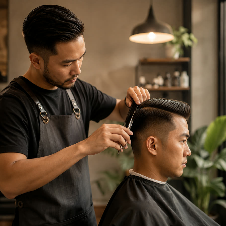 ChatGPT-generated square photo of a barber giving a haircut, warm tones, simple background