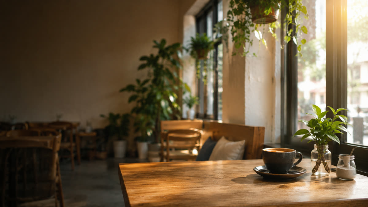 ChatGPT-generated wide café interior with warm morning light and calm space on the left for a headline