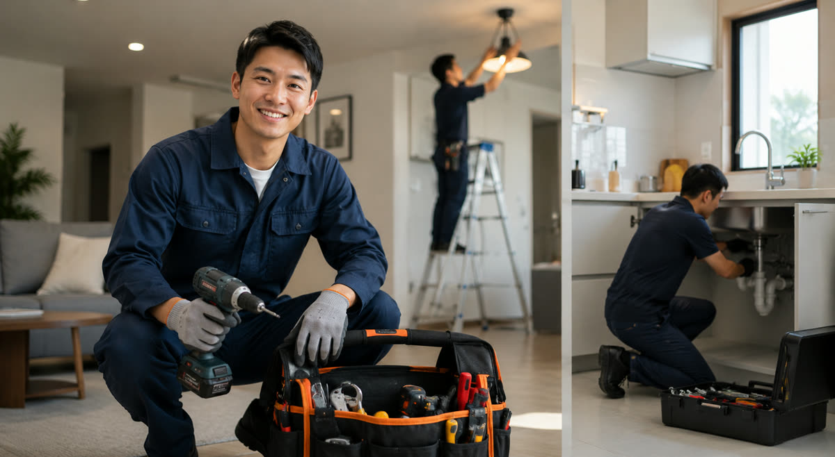 ChatGPT-generated wide photo of a smiling home repair technician with his tool bag, colleagues working in the background