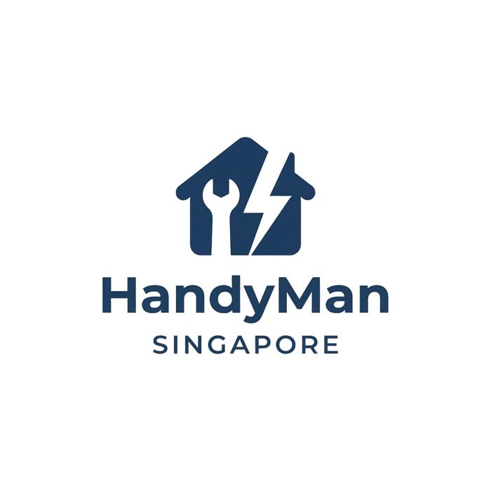 ChatGPT-generated minimalist dark blue logo: a house combining a wrench and lightning bolt, with the name HandyMan Singapore