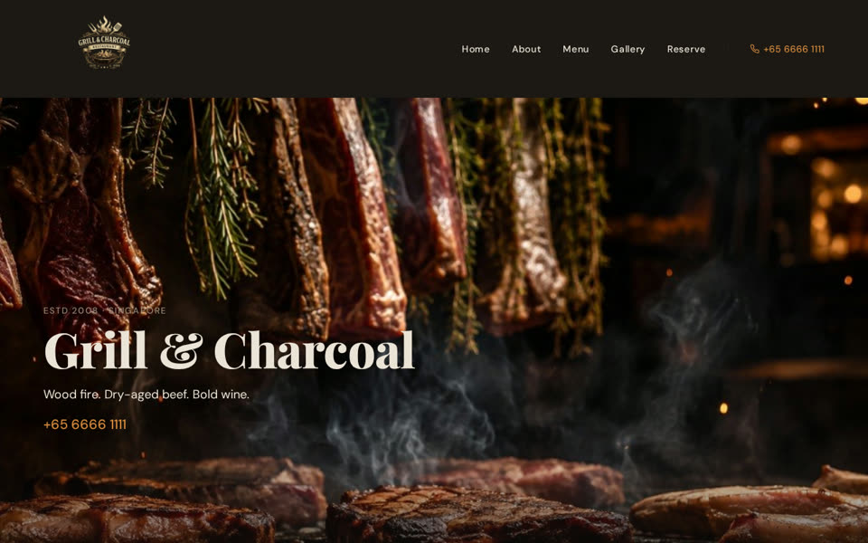 Grill and Charcoal steakhouse website — desktop view