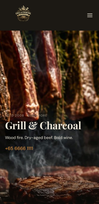 Grill and Charcoal steakhouse website — mobile view