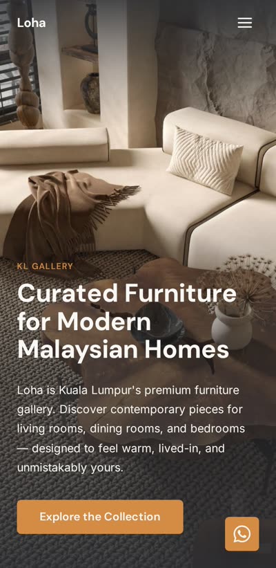 Loha furniture gallery website — mobile view